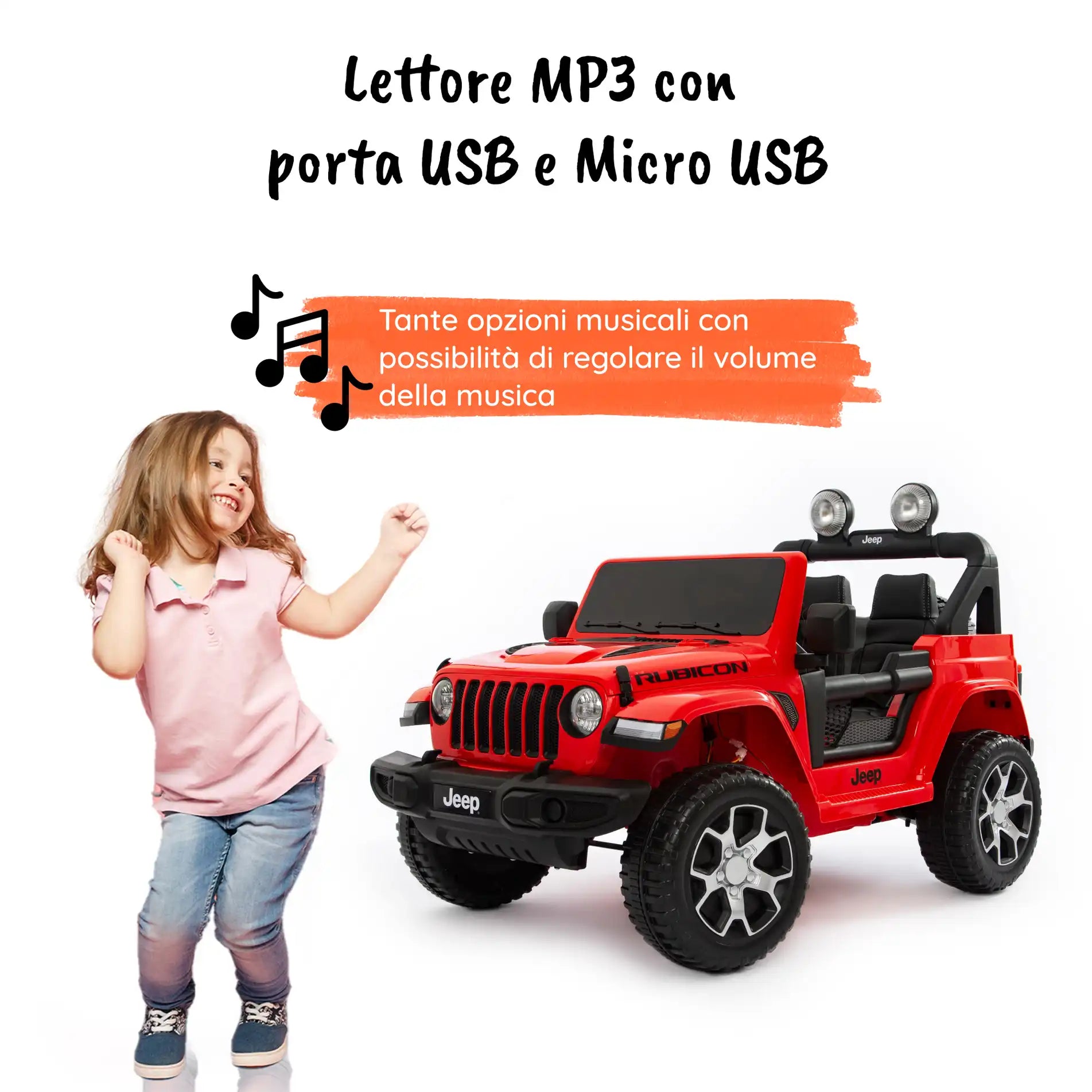 Jeep Wrangler Rubicon elettrica per bambini a 12V con 2 posti